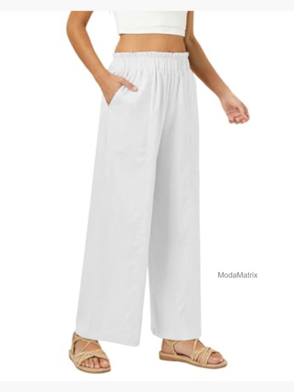 High Waist Wide Leg Palazzo Pants Flowy Linen Feel Casual Trousers - Picture 2 of 7